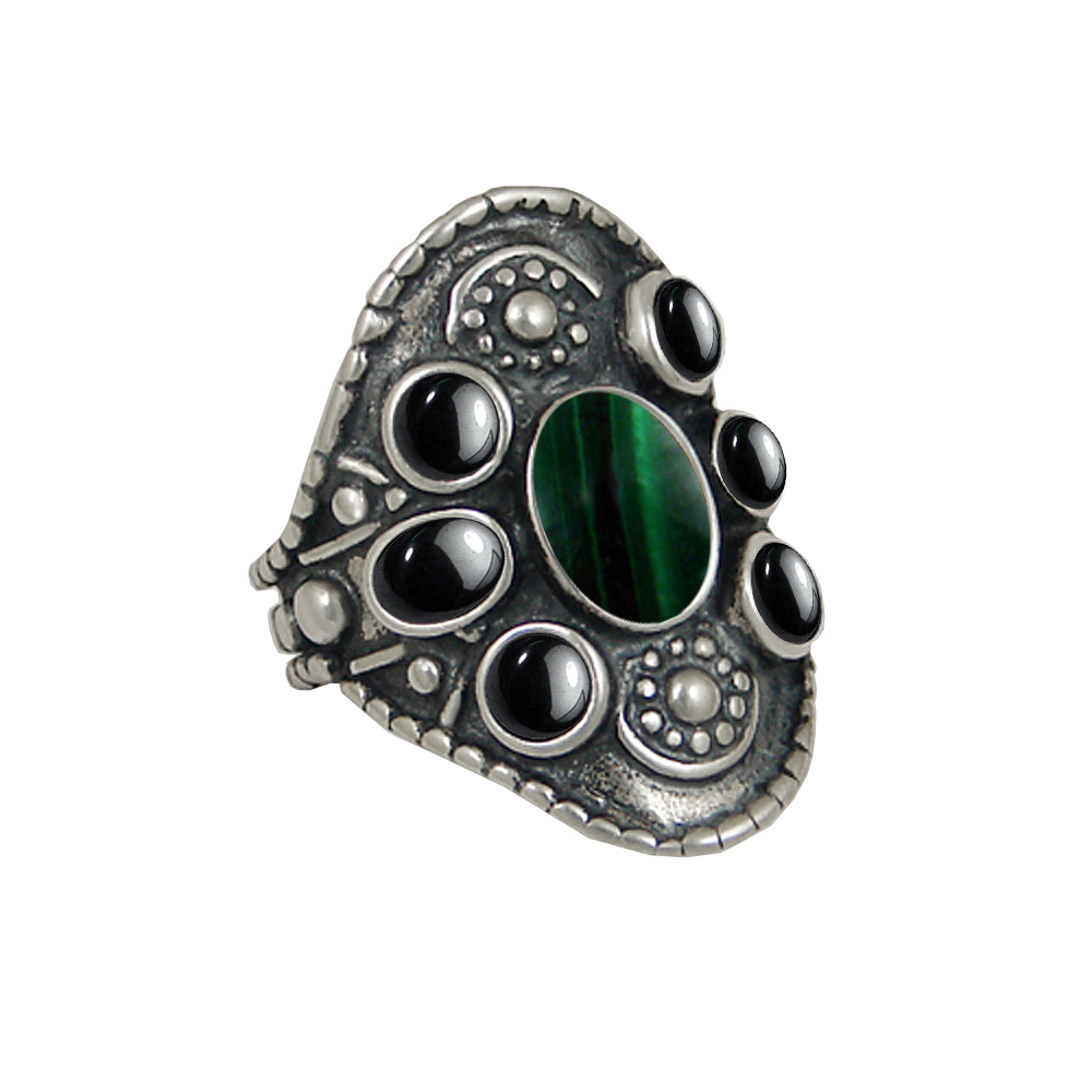 Sterling Silver High Queen's Ring With Malachite And Hematite Size 10